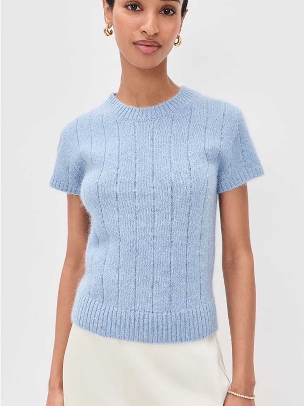 Reformation Cashmere Light Blue Ribbed Short-Sleeve Knit Top